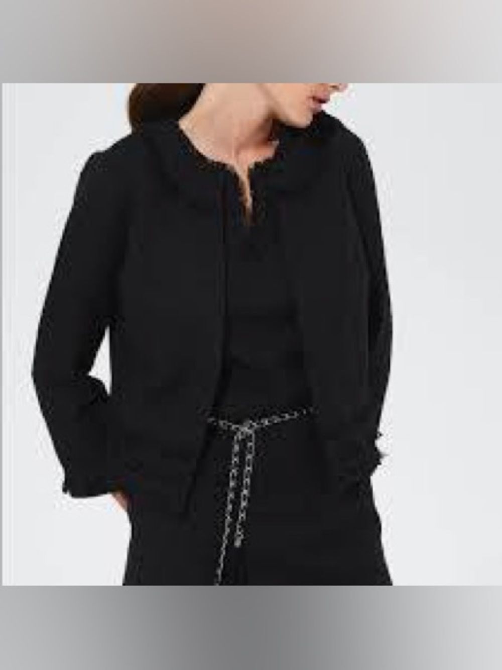 Karl Lagerfeld Paris Black Tweed Fringe Cropped Jacket L